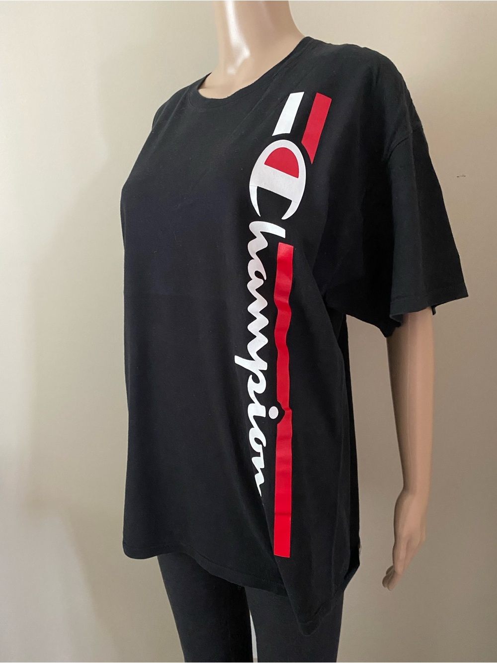 Champion Black Vertical Script Logo Tshirt, men’s XL